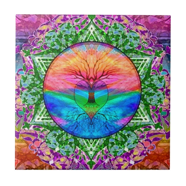 Calming Tree of Life in Rainbow Colours Tile (Front)