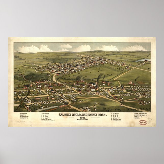 Calumet Michigan 1881 Antique Panoramic Map Poster (Front)