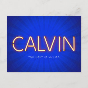 Calvin name in glowing neon lights postcard