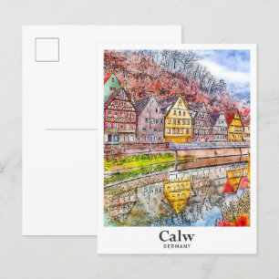 Calw Germany Art Travel Watercolor Hand Drawn  Postcard