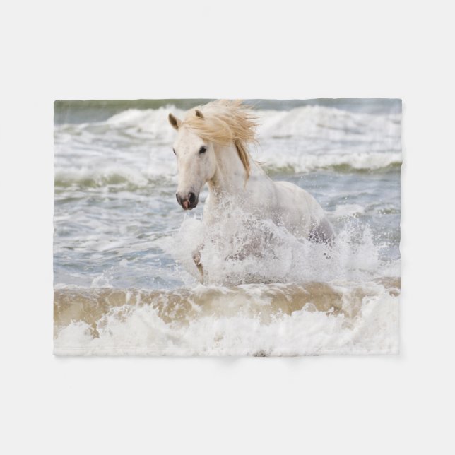 Camargue Horse in the Surf Fleece Blanket (Front (Horizontal))