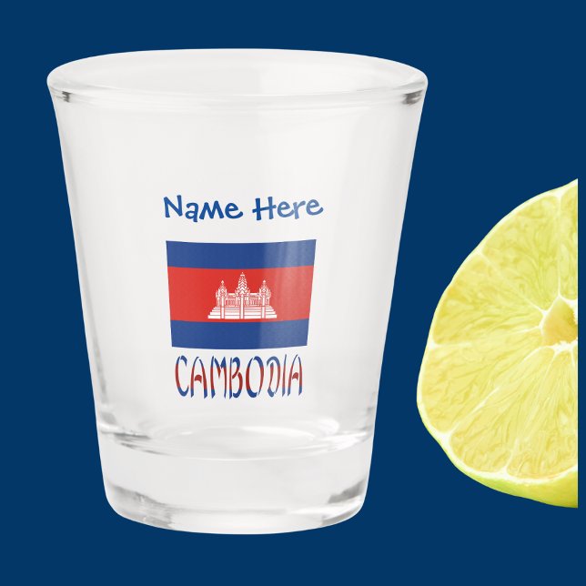 Cambodia Cambodian Flag Blue Personalised  Shot Glass (Cambodian Flag on shot glass has the word CAMBODIA below in flag colors. Add name in blue text above)