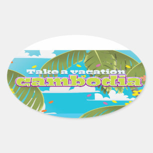 Cambodia cartoon travel poster art. oval sticker