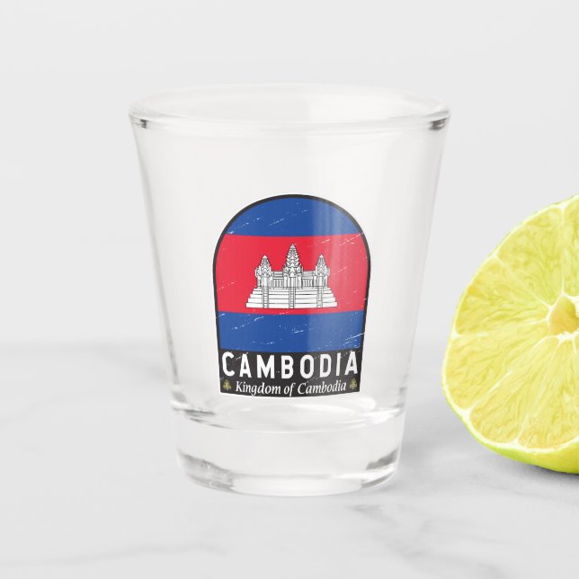 Cambodia Flag Emblem Distressed Vintage Shot Glass (Front)