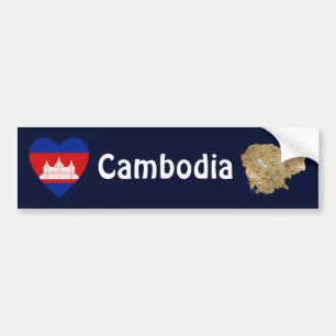 Cambodia Flag Heart + Map Bumper Sticker