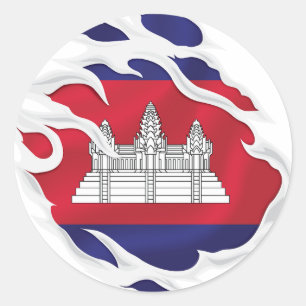 Cambodia Ripped Flag Classic Round Sticker