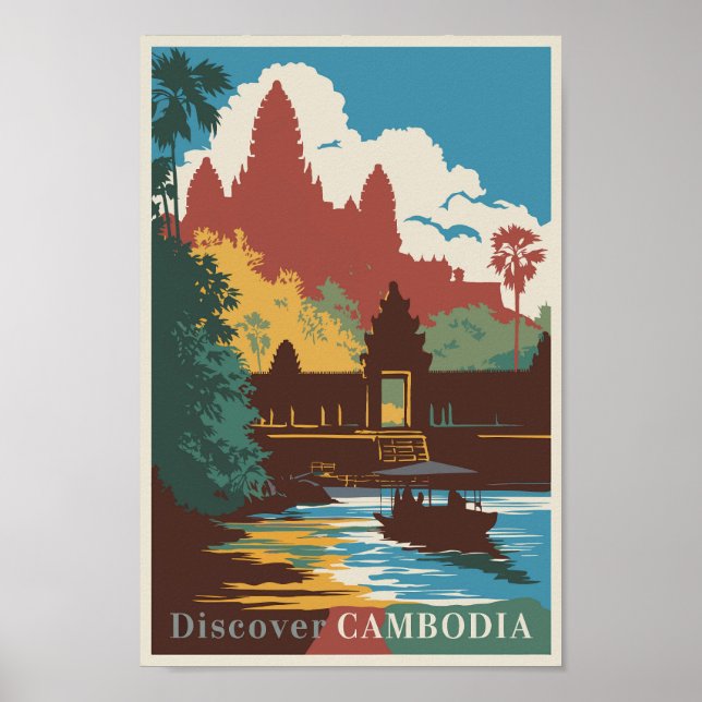 Cambodia Temple Illustration Travel Art Vintage Poster (Front)