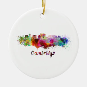 Cambridge MA skyline in watercolor Ceramic Tree Decoration