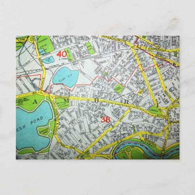 CAMBRIDGE, MA Vintage Map Postcard (Front)