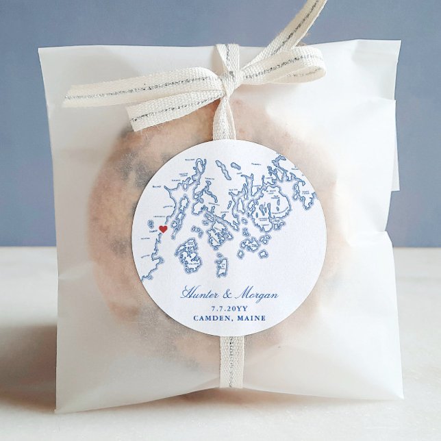 Camden Maine Map Elegant Navy Blue Wedding Favour Classic Round Sticker (wedding favor label with Camden Maine map and couples names, date and town)