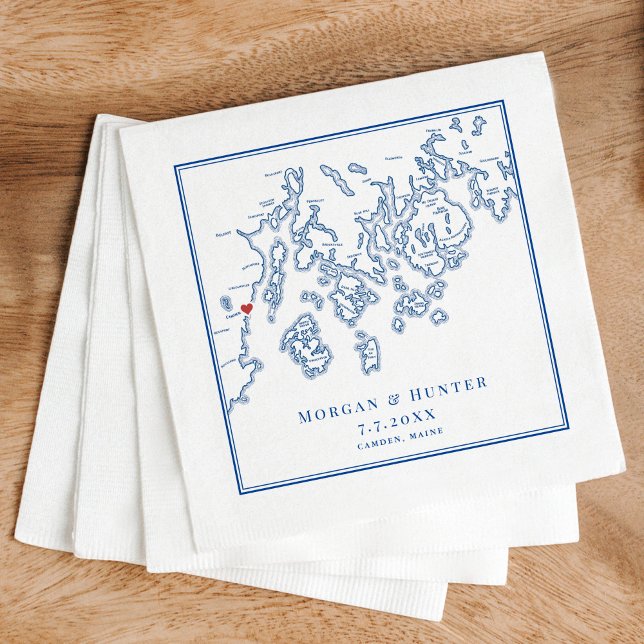 Camden Maine Map Navy Elegant Wedding Napkin (Camden Maine wedding napkins with map of Penobscot Bay)