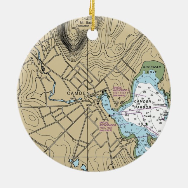 Camden Maine Nautical Chart Ceramic Tree Decoration (Back)