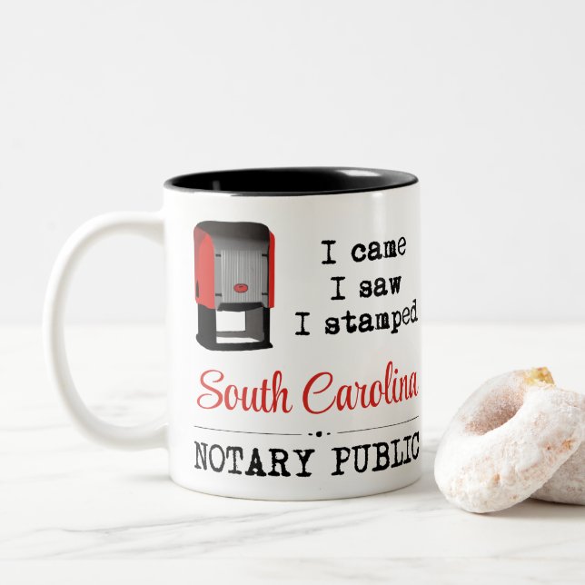 Came Saw Stamped Notary Public South Carolina Two-Tone Coffee Mug (With Donut)