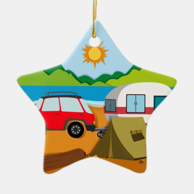 Cameground with tent and caravan ceramic tree decoration (Front)