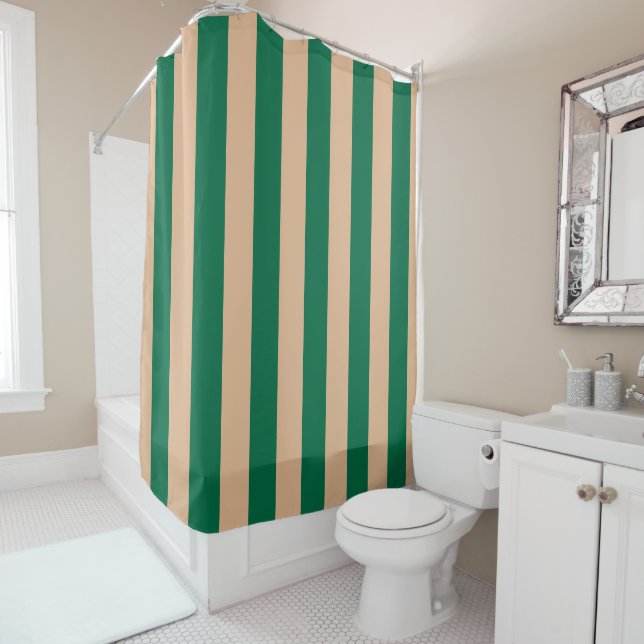 Camel Beige & Classic Green Stripe Shower Curtain (In Situ)