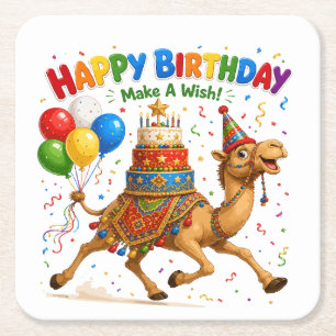 Camel Birthday Celebration Party Illustration Square Paper Coaster