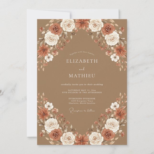 Camel Boho Floral Autumn Wedding Invitation (Front)