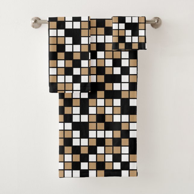 Camel Brown, Black, White Random Mosaic Squares Bath Towel Set (Insitu)
