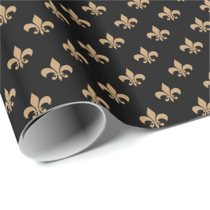 Camel Brown Fleur-de-lis on Black Wrapping Paper
