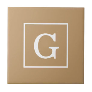 Camel Brown White Framed Initial Monogram Tile