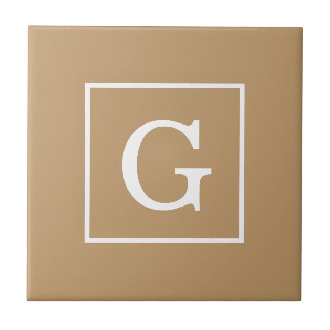 Camel Brown White Framed Initial Monogram Tile (Front)