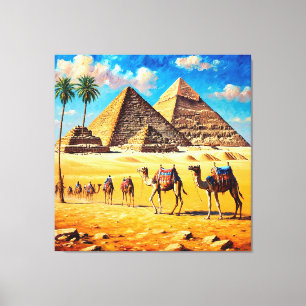 Camel Caravan Crossing Egyptian Desert  Pyramids Canvas Print