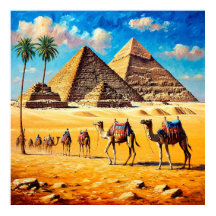 Camel Caravan Crossing Egyptian Desert  Pyramids