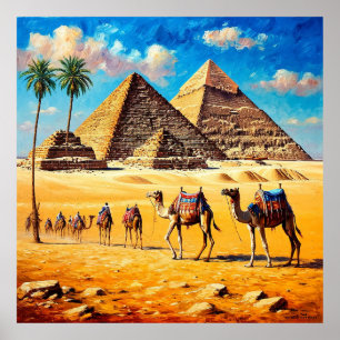 Camel Caravan Crossing Egyptian Desert  Pyramids Poster