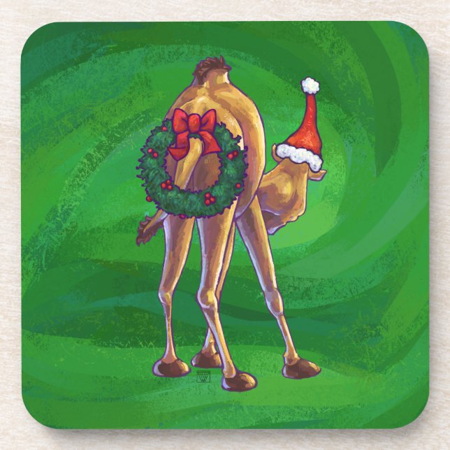 Camel Christmas On Green Coaster (Front)
