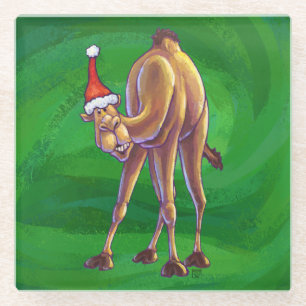 Camel Christmas On Green Glass Coaster