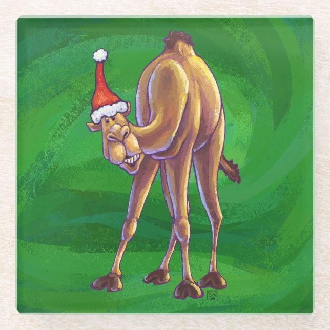 Camel Christmas On Green Glass Coaster (Front)
