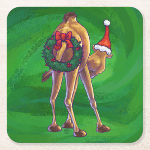 Camel Christmas On Green Square Paper Coaster