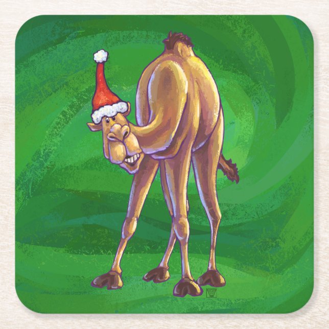Camel Christmas On Green Square Paper Coaster (Front)