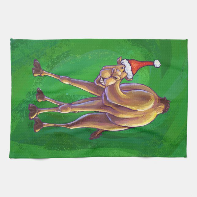 Camel Christmas On Green Tea Towel (Horizontal)