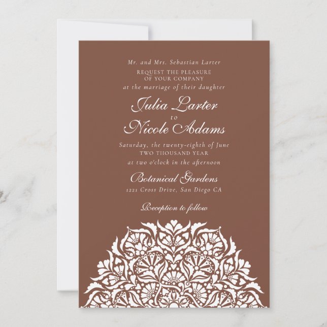 Camel Cocoa Brown Whimsical Floral Mandala Wedding Invitation (Front)