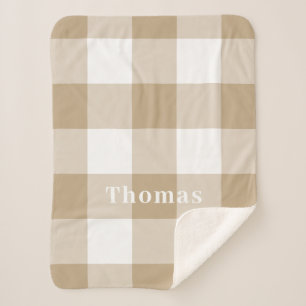 Camel Gingham Pattern Monogram Name Sherpa Blanket