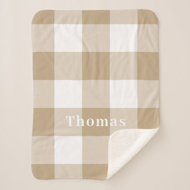 Camel Gingham Pattern Monogram Name Sherpa Blanket (Front)