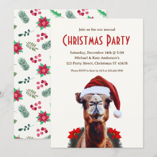 Camel in a Santa Hat Poinsettia Christmas Party Invitation