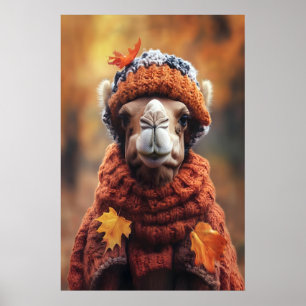 Camel in Fall Clothes Art Print, Cozy Autumn Poster