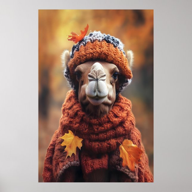 Camel in Fall Clothes Art Print, Cozy Autumn Poster (Front)