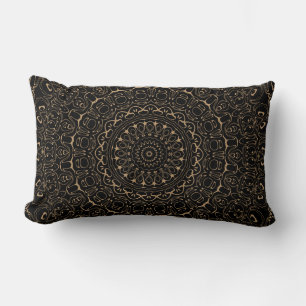 Camel on Black Mandala Kaleidoscope Medallion Lumbar Cushion