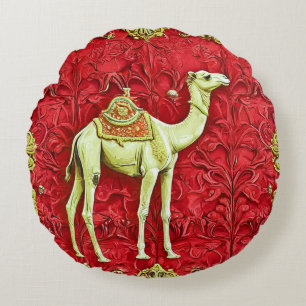Camel on red background round cushion