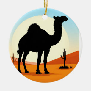 Camel Silhouette in Desert Sunset Landscape Ceramic Tree Decoration