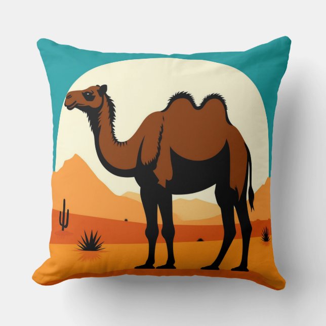 Camel Silhouette in Desert Sunset Landscape Cushion (Front)