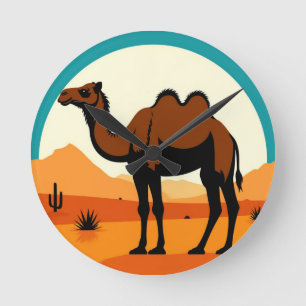 Camel Silhouette in Desert Sunset Landscape Round Clock