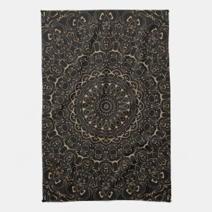 Camel Tan Mandala with Elegant Symmetry Tea Towel