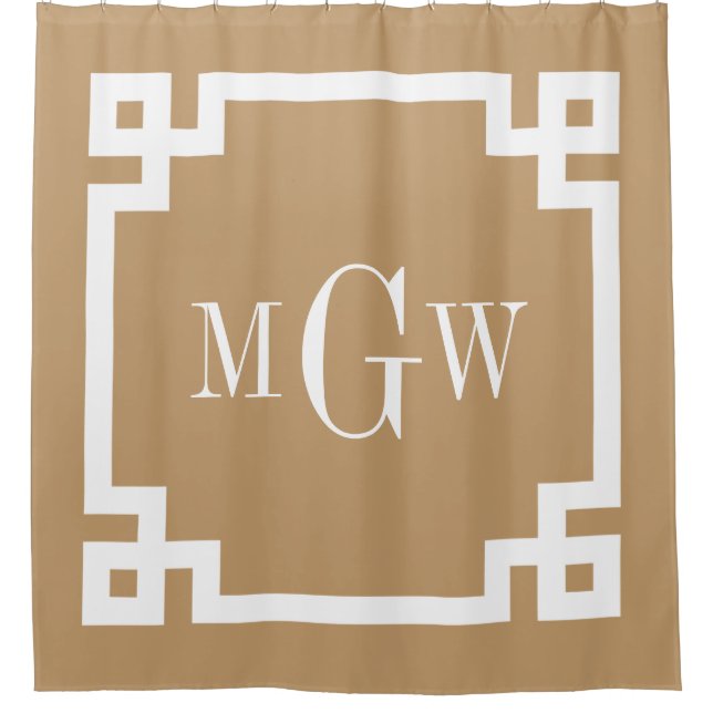 Camel Tan White Greek Key #2 Framed 3I Monogram Shower Curtain (Front)