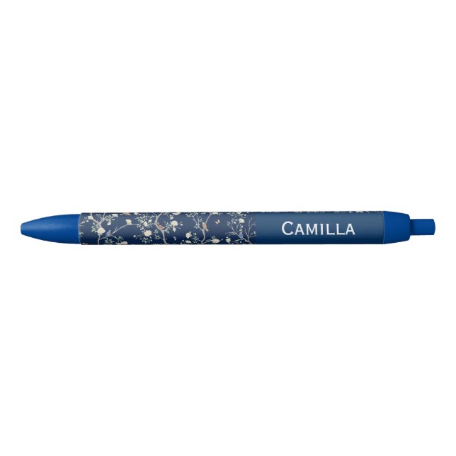 Camellia Flowers Navy Blue Custom Name  Black Ink Pen (Front)
