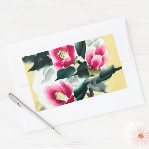 Camellia in snow painted in sumie technique rectangular sticker