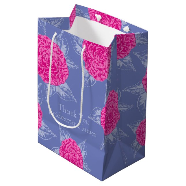 Camellia ink art hot pink and blue wedding favour medium gift bag (Front Angled)